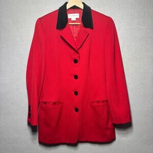 Vtg Liz Claiborne Wool Blazer 6 Red Black Velvet Trim USA Power Chic Statement
